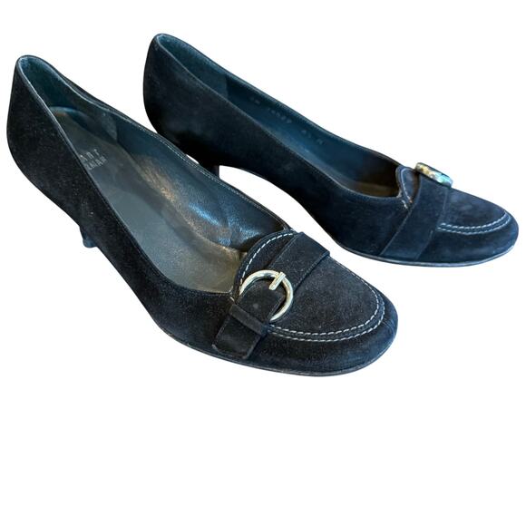 Stuart Weitzman 6.5M Black Suede Leather Madeline Loafer Pump Buckle Heel w/ Box - Picture 1 of 13
